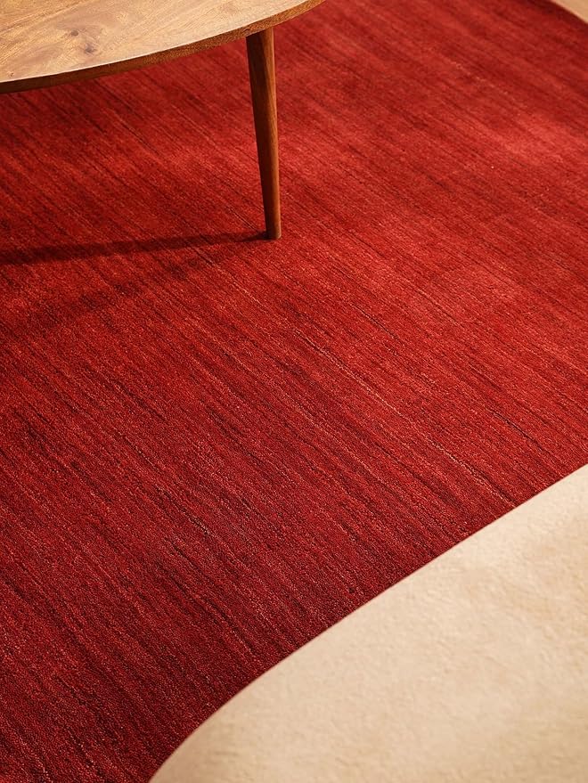 Hand Knotted Loom Wool ECO-Friendly Area Rugs - 6'x6', Square, Red Color, Solid Plain Design, High Pile Thick Handmade Anti Skid Area Rugs for Living Room, Bed Room (L00111)