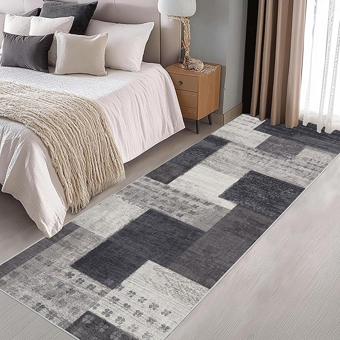 Modern Geometric Patchwork Indoor Runner Rug for Living Room, Charcoal 2.7'x 10' Rug Rockwood Collection Hardwood Floors Decor for Bedroom, Grey Throw Carpet for Office Entryway Dining Room