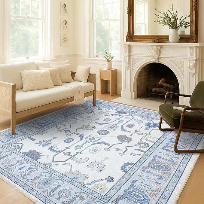 Fame Living Cream Blue Oushak Rug, Modern, Vintage, Turkish, Eclectic, Floral, Pastel, Washable, Area Rugs for Living Room, Dining, Bedroom, Nursery, Girls, Boys, 5'9"x8'9"