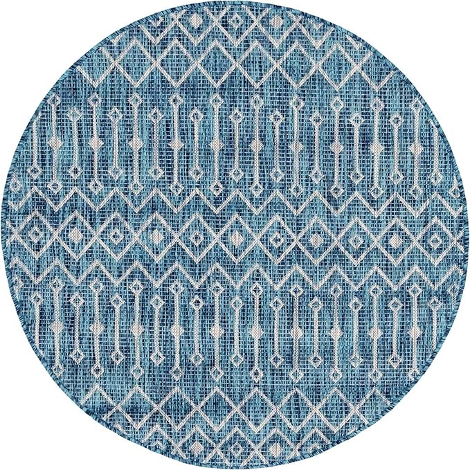 Unique Loom Outdoor Trellis Collection Area Rug - Tribal Trellis (5' 3" Round, Teal/ Ivory)