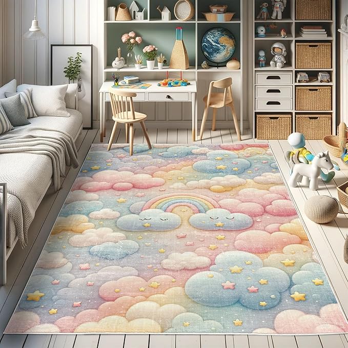 Ambesonne Cartoon Sky Decorative Rug, Dreamy Colors Celestial Atmosphere with Starry Kawaii Clouds Rainbow, Quality Carpet for Bedroom Dorm and Living Room, 5' 1" X 7' 5", Blush Mustard Blue