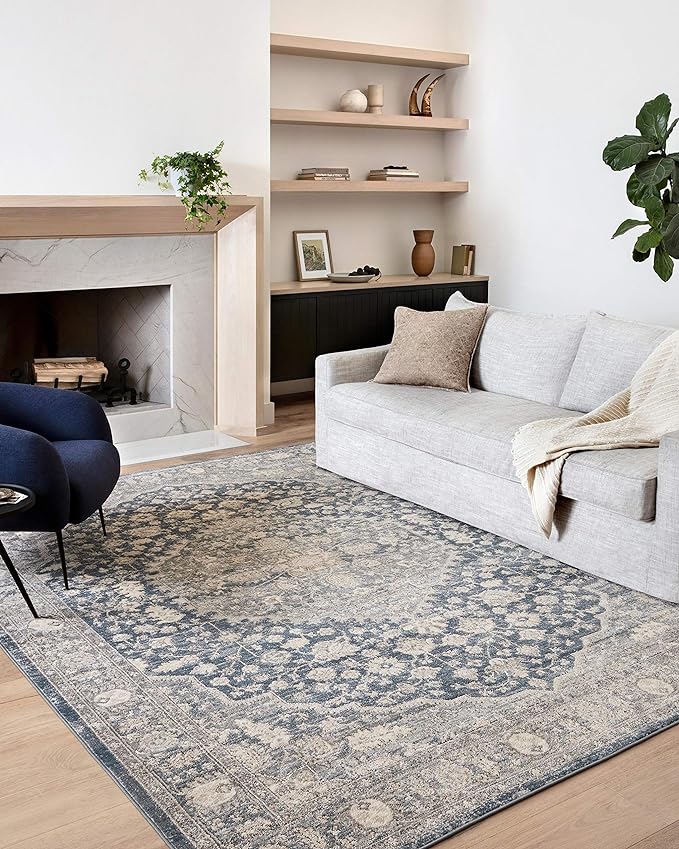 Loloi Teagan Collection TEA-01 Denim/Mist 2'-8" x 4' Accent Rug, Large, Soft Neutral Rug, High-Traffic for Living Room, Bedroom, Home Office, Dining Area