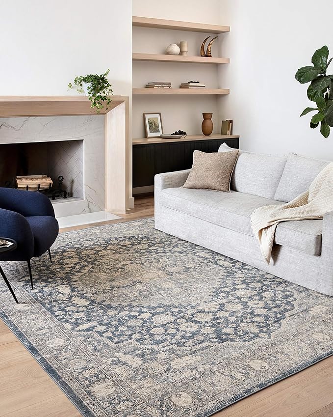 Loloi Teagan Collection TEA-01 Denim/Mist 9'-9" x 13'-6" Area Rug, Large, Soft Neutral Rug, High-Traffic for Living Room, Bedroom, Home Office, Dining Area