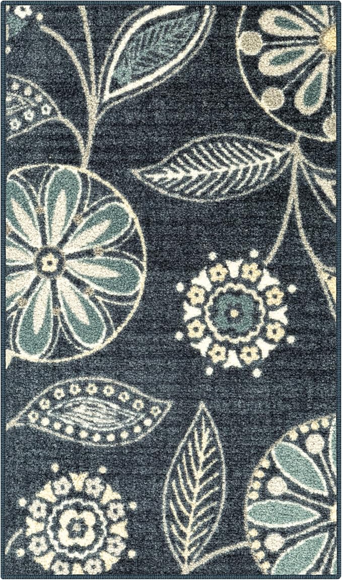 Maples Rugs Reggie Floral Kitchen Rug - Made in USA - Washable, Non Slip Indoor Carpet for Entryway, Foyer, Kitchen, and Bathroom, 1'8 x 2'10, Persian Blue
