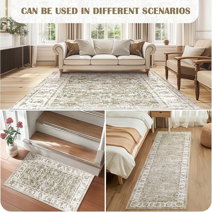 jinchan Fiora 4x6 Area Rugs for Bedroom - Machine Washable Distressed Vintage Floral Design Stain Resistant Boho Carpet Ultra-Thin Low Pile Non-Slip Rug for Living Room Dining Room (4‘x6', Taupe)