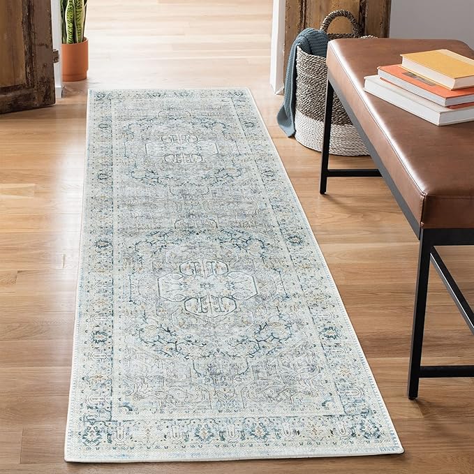 Bloom Rugs Washable Non-Slip 12 ft Runner - Cream/Light Blue/Teal Traditional Medallion Runner for Entryway, Hallway, Bathroom, and Kitchen - Exact Size: 2.5' x 12'
