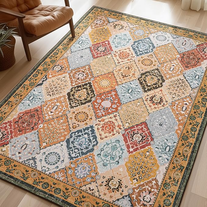 Phantoscope Washable Area Rug 6'x9' Non-Slip, Vintage Boho Rugs for Living Room, Bedroom, Dining Room, Distressed Moroccan Mosaic Diamond Pattern, Low-Pile Foldable Floor Carpet, Terracotta/Rust