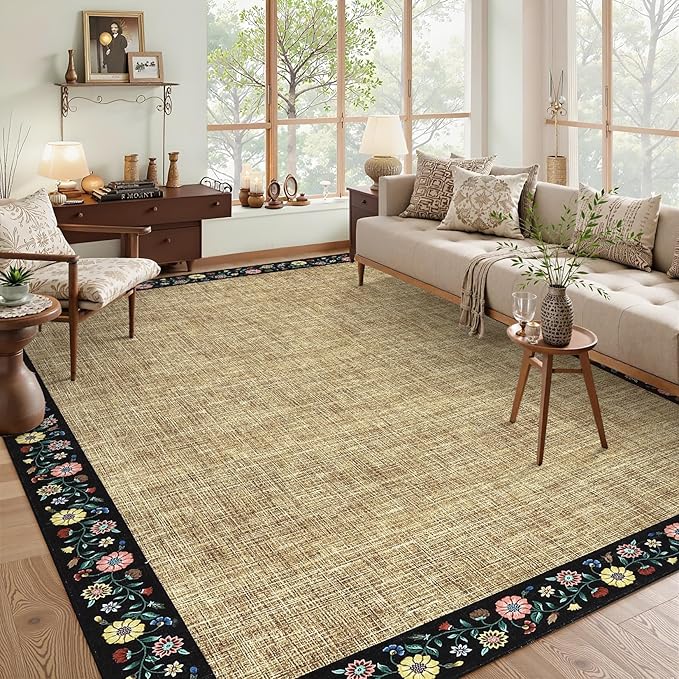 GarveeHome 10x13 Machine Washable Rugs for Living Room Large Area Rug Modern Floral Indoor Accent Carpet Low Pile Carpet Soft Throw Aesthetic Floor Cover for Bedroom Laundry Dining Room, Yellow