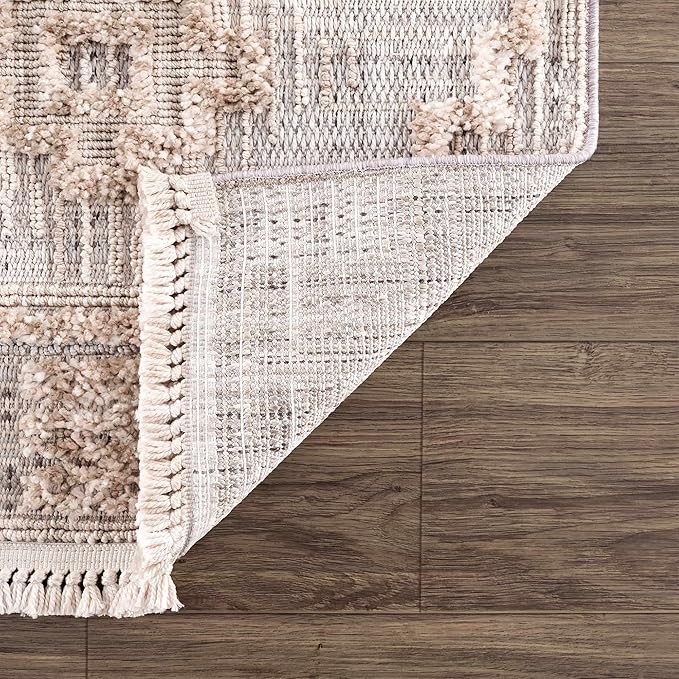 Hauteloom Ampusungan Modern Moroccan Medallion Farmhouse Hallway, Entryway Runner Rug - High Low - High Pile Long Carpet - Cream, Beige, Brown, Beige - 2'7" x 7'3"