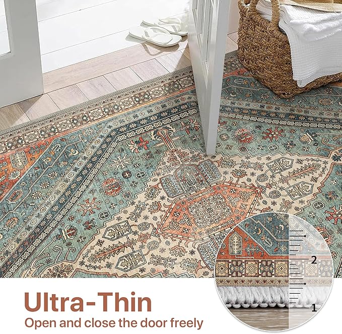 Bavni Runner Rug 2x12 Kitchen Rugs for Hallways Entryway, Washable Vintage Print Carpet, Ultra-Thin Chenille Low Pile Lightweight Rug with Non Slip Backing, Light Red/Blue