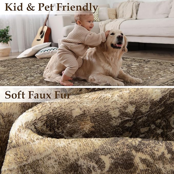 HUGEAR 5x7 Machine Washable Rugs Brown Hallway Area Rug Indoor Accent Rug Floral Mid Pile Carpet Soft Thicker Throw Aesthetic Rug Bedroom Living Room Office Dining Kitchen Laundry Non Slip