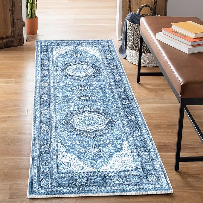 Bloom Rugs Caria Washable Non-Slip 12 ft Runner - Blue Traditional Runner for Entryway, Hallway, Bathroom, and Kitchen - Exact Size: 2'6" x 12'