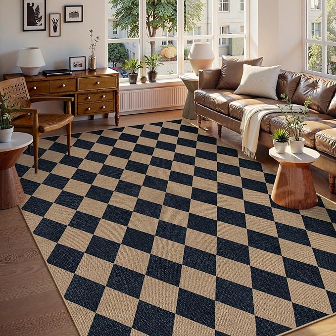 Lahome Checkered Easy Jute Carpet, Washable 8x10 Rugs for Living Room Outdoor Patio Rugs, Farmhouse Neutral Non Slip Stain Resistance Floor Carpet for Office Backyard Sunroom