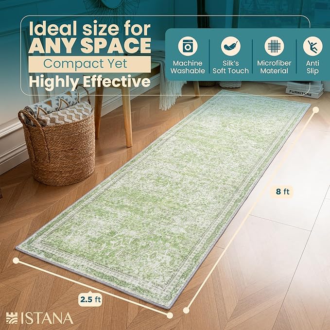 Istana Hallway Runner Rug 2.5x8 - Light Green Kitchen Rugs Non Slip Washable -Silk's Soft Touch Carpet Runner - Stylish Rugs for Home