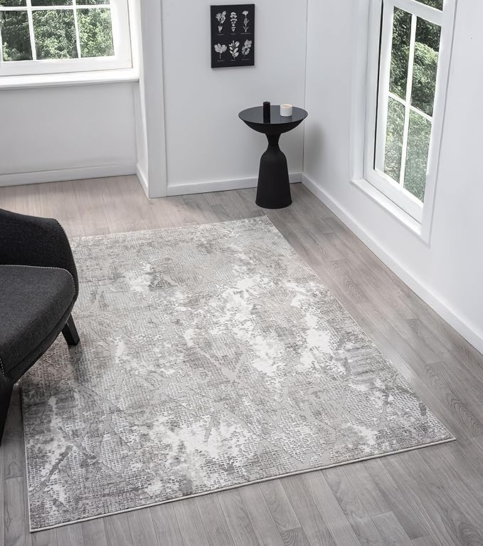 Adel Modern Area Rug for Living Room, 8x10 Rustic Distressed Abstract Large Grayl Rug, Medium Pile Stain Resistant Carpet for Bedroom, Dining Room or Kitchen (8' x 10', Gray)