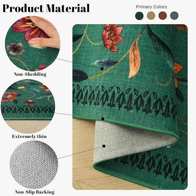 Vintage Medallion Floral Indoor Door Mat 2x3, Machine Washable Entryway Rug, Low Pile Soft Small Carpet, Non-Slip Area Rug for Entrance, Bedroom, Kitchen & Kids Room | Green