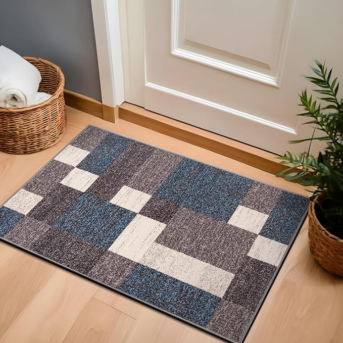 Rugshop Contemporary Blue Geometric Boxes Non-Slip Area Rug Non-Shedding for Living Room, Dining Room and Office, 20" x 30"