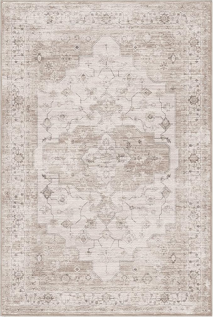 LUMI 8x12 Washable Area Rug for Living Room, Ultra Soft Vintage Rugs with TPE Non Slip Backing, Stain Resistant, Low Profile Carpet High Traffic for Bedroom, Dining Room
