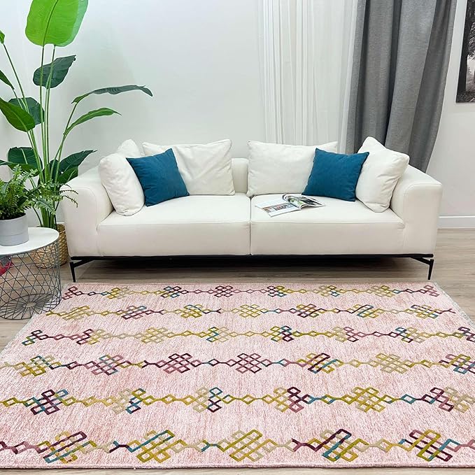 Alfa Rich 5x8 Light Pink Washable Area Rugs for Living Room Bedroom Kitchen Girls Decor Cotton Rug