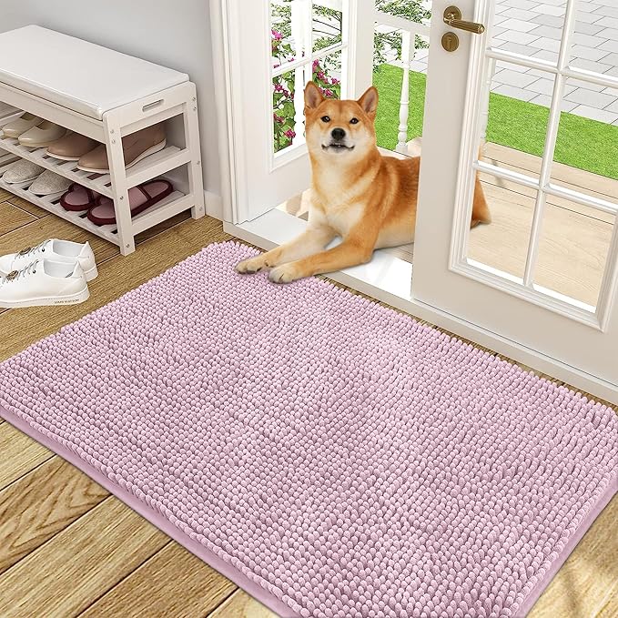 OLANLY Dog Door Mat for Muddy Paws 48x30, Absorbs Moisture and Dirt, Absorbent Non-Slip Washable Doormat, Quick Dry Chenille Mud Mat for Dogs, Entry Indoor Entryway Carpet for Inside Floor, Dusty Rose