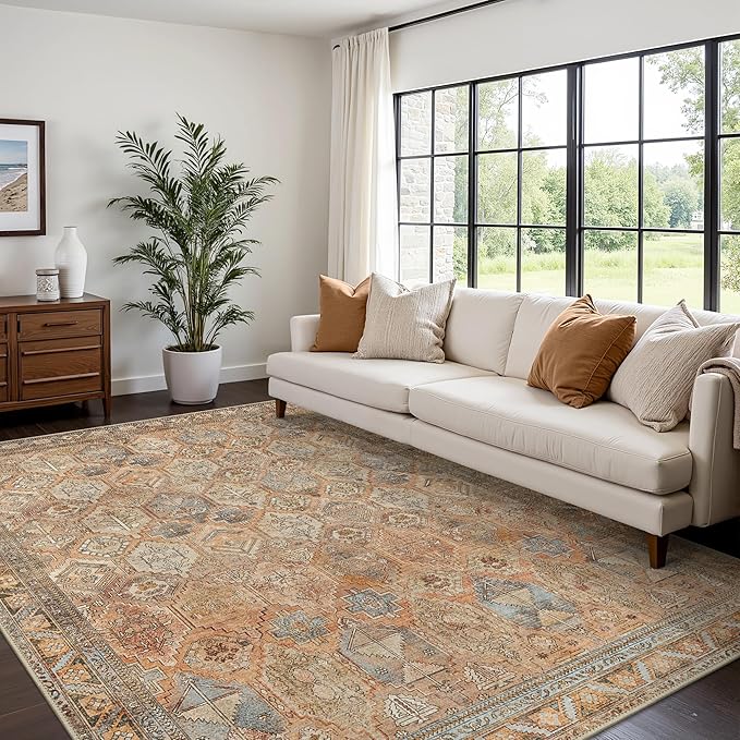 Bavni Washable Rug 5x7 Area Rug for Living Room Bedroom Dining, Washable Vintage Print Carpet, Ultra-Thin Low Pile Lightweight Rug with Non Slip Backing, Sunset Yellow
