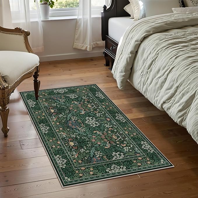2x3 Floral Washable Area Rugs for Living Room, Vintage Boho Rug for Bedroom Dining Room， Distressed Botanical Birds Non Slip Low Pile Forest Animal Throw Carpet for Farmhouse Office, Bright Green
