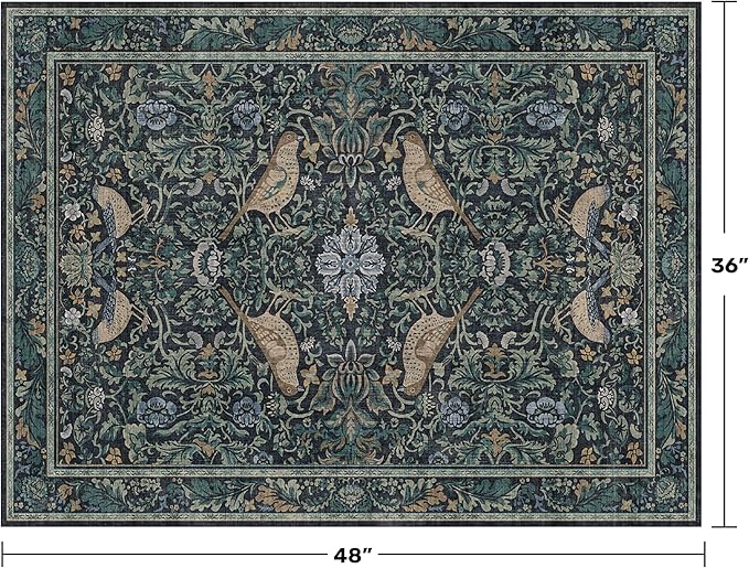 Traditional Washable Entryway Rugs, 3x4 Blue and Green Floral Kitchen Mat for Floor, Bedside, Rug for Laundry Room Floor Non Slip, Moody Stain Resistant Low Plie Carpet