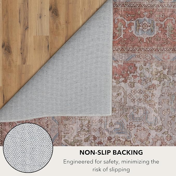 Kuden 8x10 Large Area Rug, Machine Washable Area Rug with Non-Slip Backing, Vintage Style, Soft, Easy Clean, Low Pile Rug for Living Room, Bedroom, Dining Room