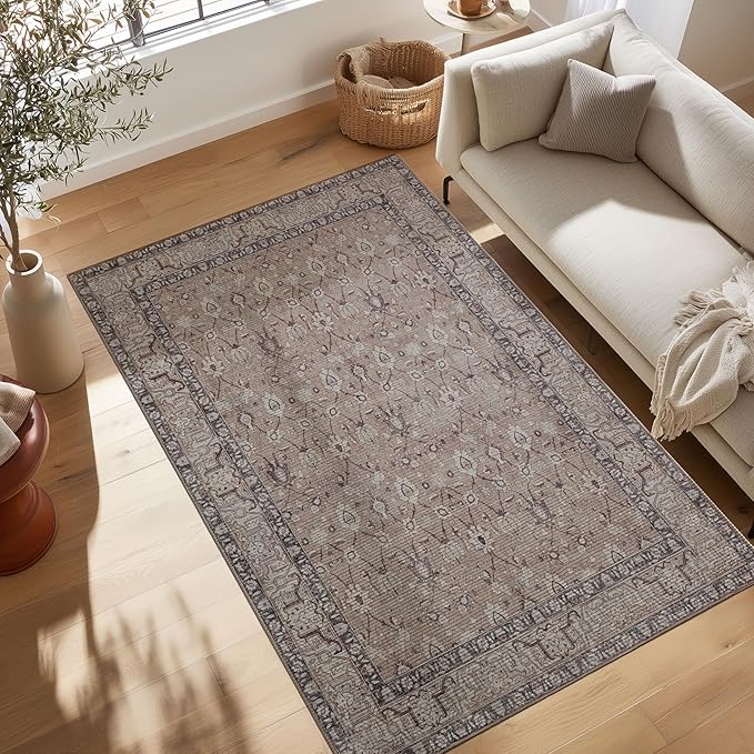 Kuden 4x6 Area Rug, Machine Washable Area Rug with Non-Slip Backing, Vintage Style, Soft, Easy Clean, Low Pile Rug for Living Room, Bedroom, Dining Room