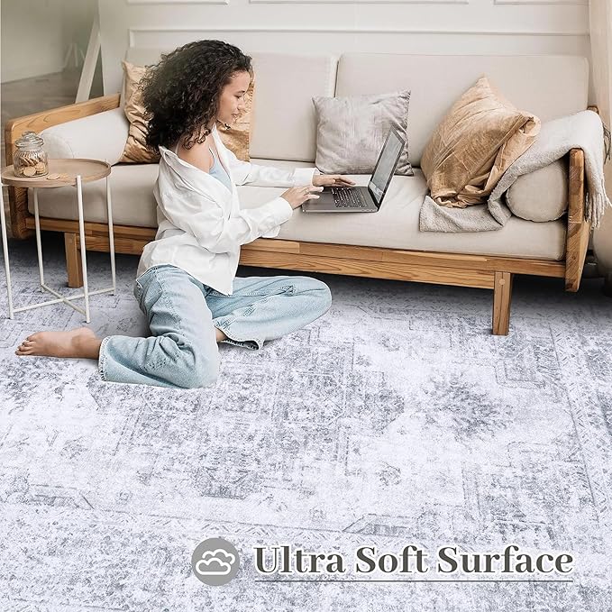Area Rug 10x12 Living Room Rugs, Machine Washable Vintage Distressed Medallion Rug Non-Slip Soft Low Pile Large Indoor Rugs for Bedroom Kitchen Dining Room Office(Light Grey,10'x12')
