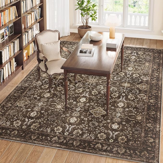 8x10 Washable Rugs for Living Room, Soft Large Rugs Brown Area Rug, Indoor Vintage Carpet for Bedroom Dining Room Office, Rubber Backed Non Slip Low Pile Mat, Dark Brown
