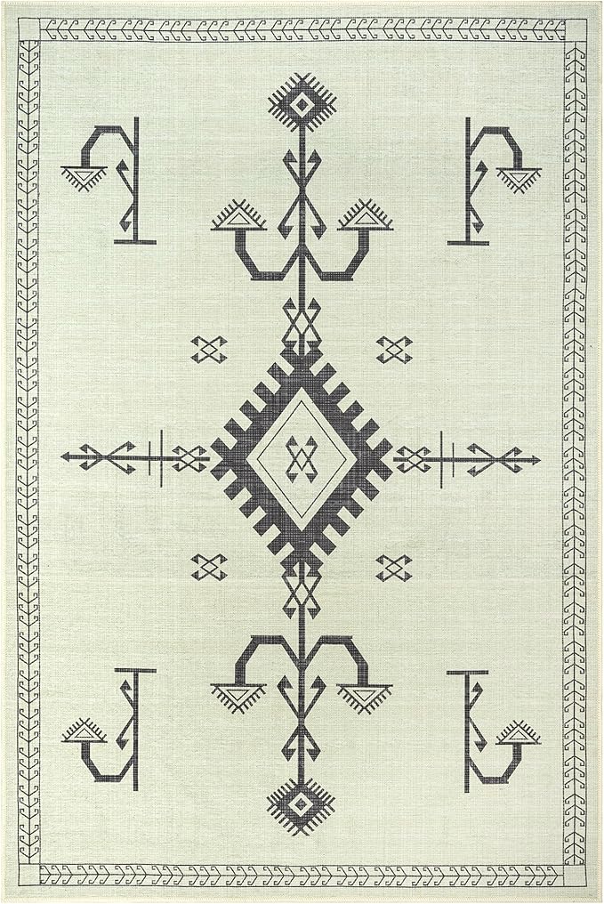 GLN Rugs Contemporary Collection - Machine Washable Area Rug, Contemporary Washable, Non Slip, Low Pile Chenille Rug, Living Room, Bedroom, Kitchen Rug (5' x 7' Cream/Anthracite)