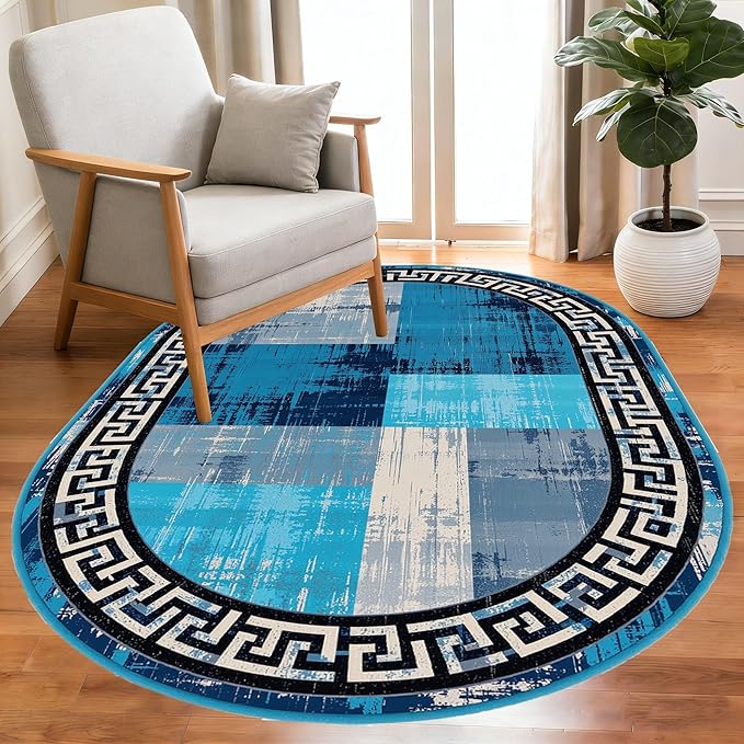 Blue Grey Black Greek Key Pattern Bordered Design Large Carpet for Living Room Bedroom Dining Room Soft Non Slip Low Pile Area Rug 12x14 Farmhouse Doormats Vintage Distressed Home Office Oval Rugs