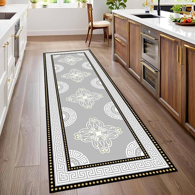 Boho Long Runners Carpet, 2.6x7ft, Modern Geometric Bohemian Print with Greek Key Grey Long Hallway Rug, Low-Profile Non Slip Rubber Backed Flat Rugs for Relax Room Entryways