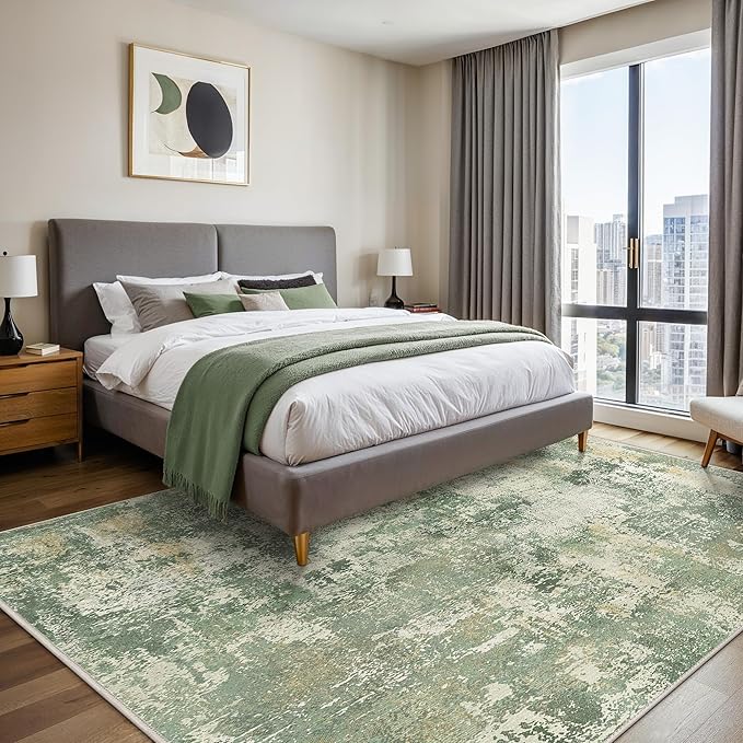 GENIMO 8x10 Area Rugs for Living Room, Machine Washable Rug Non Slip, Low Pile Ultra-Thin Lightweight Large Carpet, Abstract Modern Rugs for Bedroom, Dining Room, Office, Nursery, Olive Green