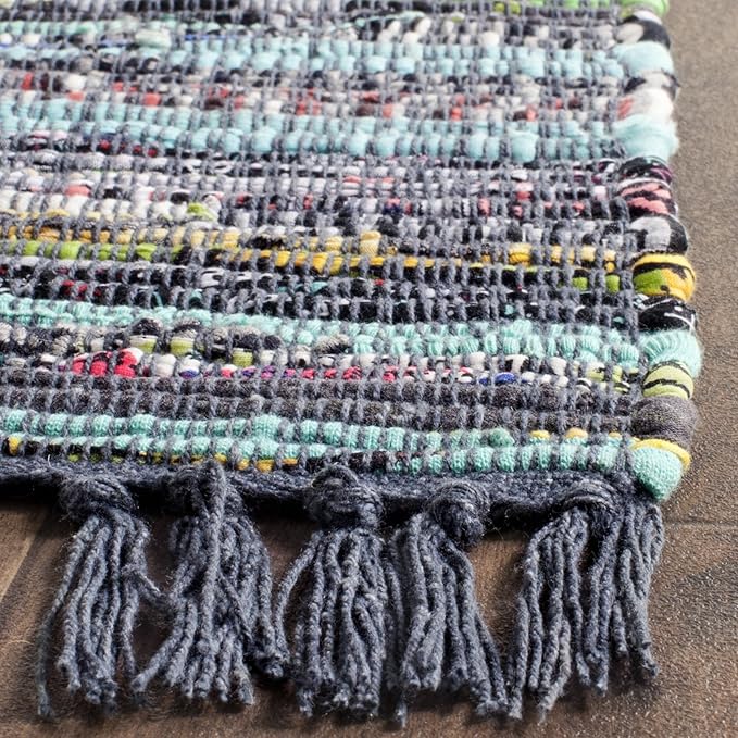 SAFAVIEH Rag Rug Collection Area Rug - 8' x 10', Ink & Multi, Handmade Boho Stripe Cotton, Ideal for High Traffic Areas in Living Room, Bedroom (RAR121C)