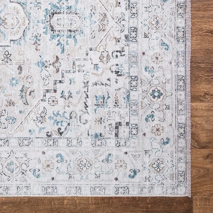 Bloom Rugs Caria Washable Non-Slip 3x5 Rug - Seashell/Teal Blue Traditional Area Rug for Living Room, Bedroom, Dining Room, and Kitchen - Exact Size: 3' x 5'