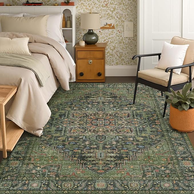 Kokia 6x9 Washable Area Rugs Dark Green with Vintage Orient Design Soft Rug for Living Room or Home Office Non-Slip Low Pile Stain Resistance Features Distressed Medallion Pattern