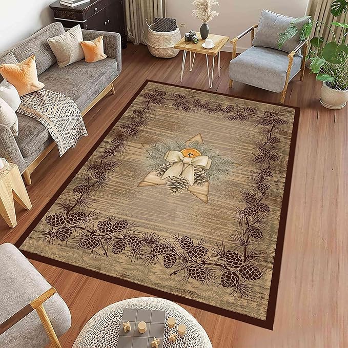 Vintage Pine Cone Area Rug 5x7ft Rustic Lodge Wooded Pine Cone Area Rug Wood Grain Star Leaf Distressed Indoor Non-Slip Washable Carpet for Dormitory Study Room Fireplace Office
