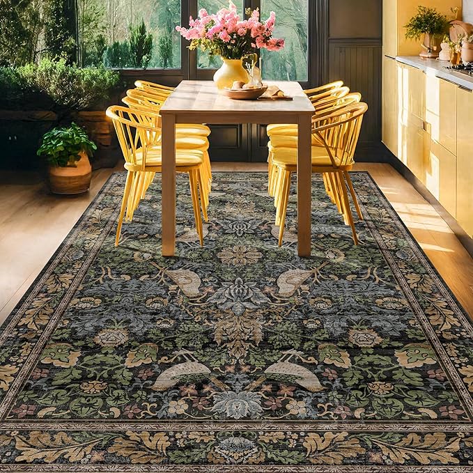 Washable Living Room Rug 6x9 - Dark Floral Nature Rugs for Bedroom, Dining Room Kitchen Table Rug for Under Table, Office, Stain Resistant Non-Slip Large - Brown/Dark Green