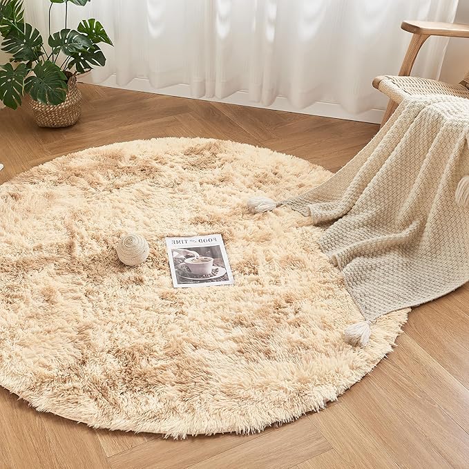 Andency Tie-Dyed Beige Round Area Rug for Living Room, 6x6 ft Shag Rug for Bedroom, Fluffy Circle Carpet for Home Decor, Room, Fuzzy Plush Circular Rug for Dorm Playroom