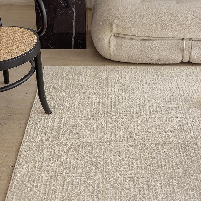 jxgzyy Beige Area Rug, 0.36'' Thick Low Pile Textured Rug, Modern Aesthetic Solid Carpet for High Traffic Area, Stain-Resistant Kitchen Rug with Non-Slip Backing, 5x7