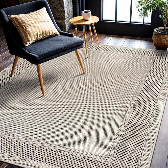 CAMILSON Easy Jute Rug 5x7, Indoor Outdoor Off-White Color Fiber Area Rugs for Living Room Patio and Kitchen Rug Bordered Boho Woven Design, Easy-Cleaning, Washable Outside Carpet (5 x 7)