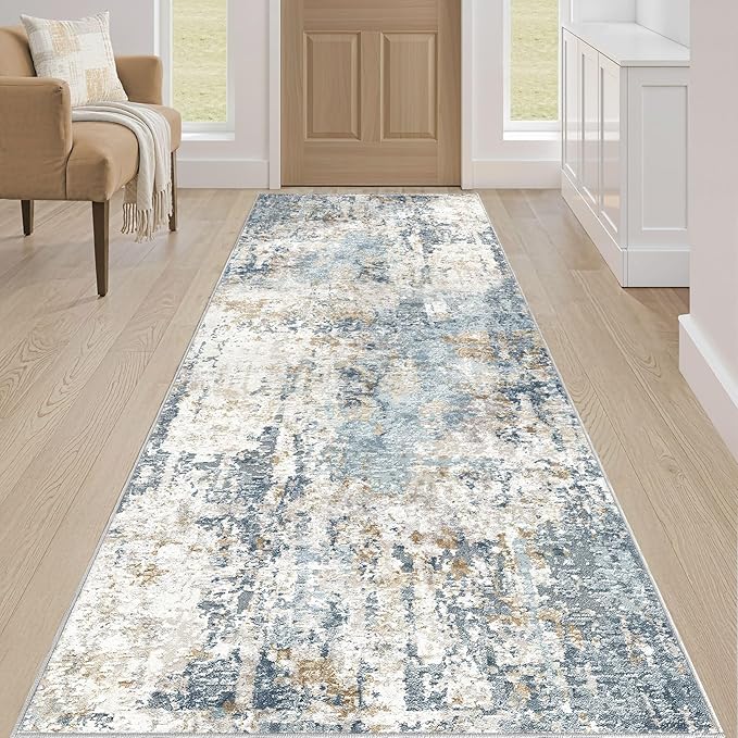 Runner Rug Non Slip Rugs: 2x6 Hallway Kitchen Washable Abstract Soft Modern Stain Resistant Indoor Floor Neutral Accent Throw Carpet for Bathroom Laundry Room Entryway Bedroom- Blue