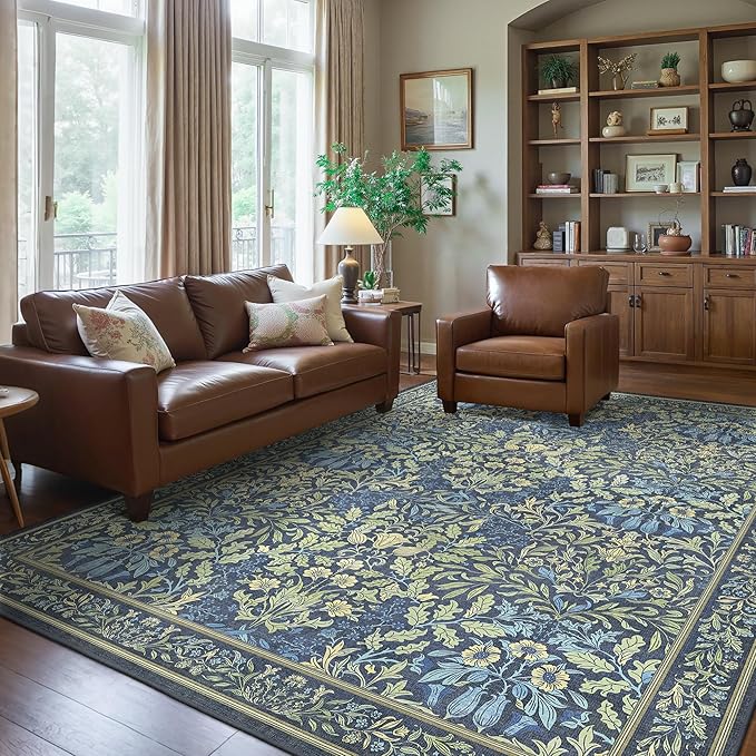 Bavni Floral Dark Blue Area Rugs 6x9, Vintage Boho Carpet Machine Washable, Non Slip Soft Low Pile Thin Rug for Bedroom, Living Room, Dining Room, Nursery