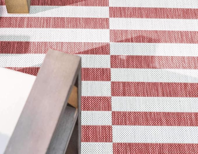 Unique Loom Outdoor Collection Classic Stripes, Transitional Indoor & Outdoor Area Rug, Rectangular 4' 0" x 4' 0", Red/Ivory