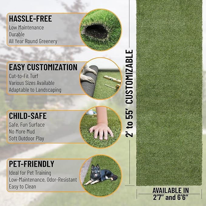 Ottomanson 2'7" x 46' Artificial Faux Grass Rug - Realistic Turf with UV Protection - Perforated for Easy Drainage - Durable, Hose-Off Synthetic Lawn Carpet for Indoor & Outdoor Use, Green