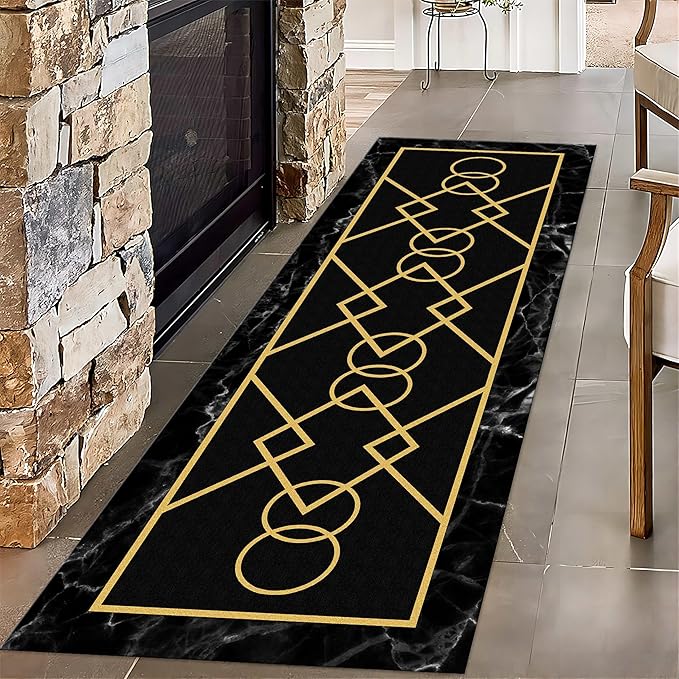 Luxury Gold Stamped Texture Hallway Runner Rug for Walkway, 2.6x10ft, Abstract Black Marble Background Entrance Carpets, Minimalist Geometric Decoration Absorbent Mat for Floor Office