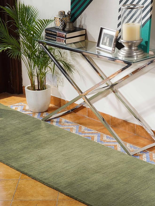 Rugsotic Carpets Hand Knotted Loom Wool 2'6''x10' Runner Area Rug Solid Green L00111