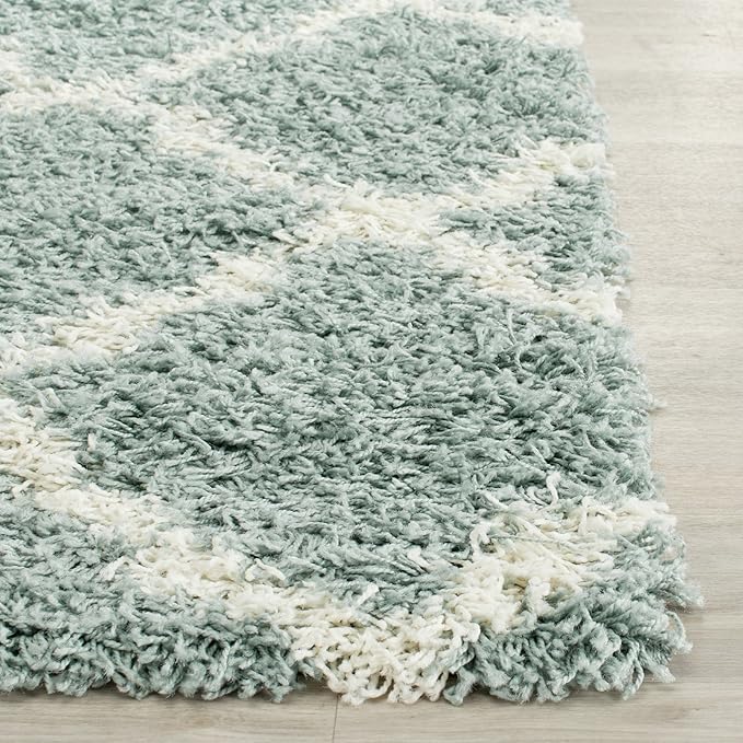 SAFAVIEH Dallas Shag Collection Runner Rug - 2'3" x 12', Seafoam & Ivory, Trellis Design, Non-Shedding & Easy Care, 1.5-inch Thick Ideal for High Traffic Areas in Living Room, Bedroom (SGD257C)